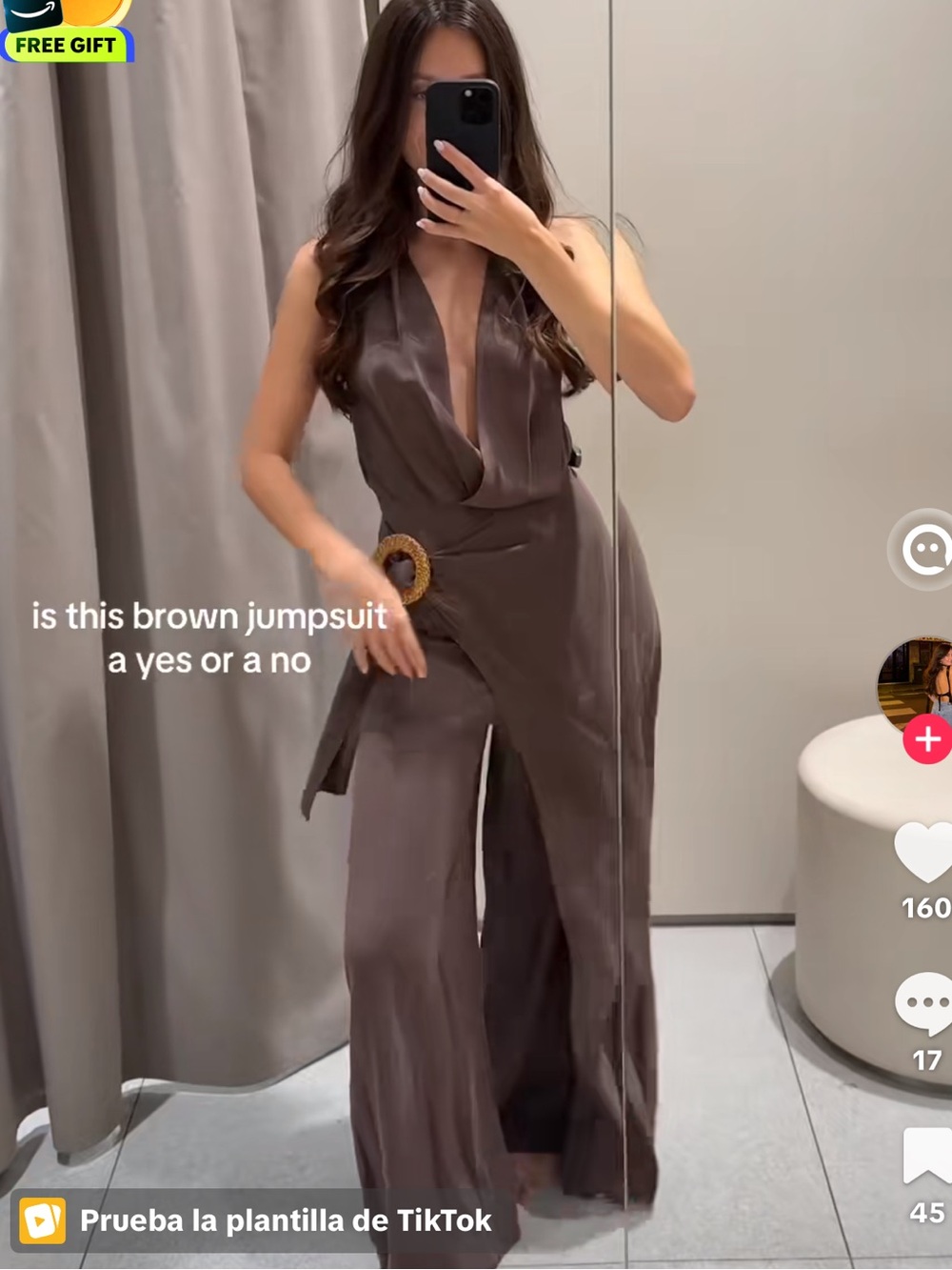 Zara Brown Deep-V Belted Wide-Leg Jumpsuit